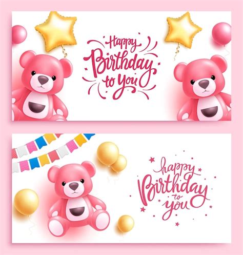 Premium Vector Happy Birthday Text Vector Banner Set Birthday Party T Elements Like Teddy