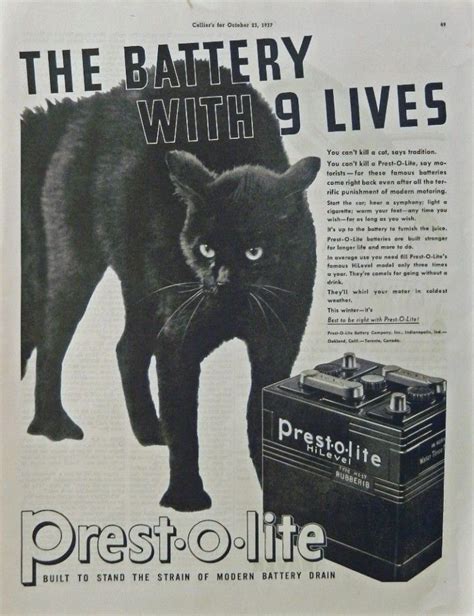 Prest O Lite Battery Vintage Print Ad Black Cat Color Illustration