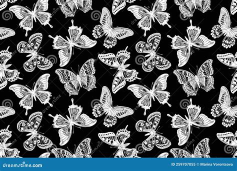 Black And White Butterflies Seamless Pattern Stock Vector