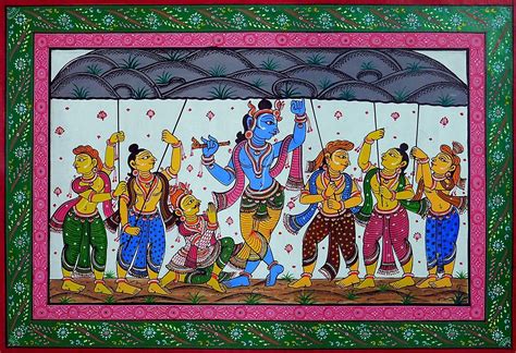 Krishna Lifts Giri Govardhan Patta Painting On Patti Mandala Art