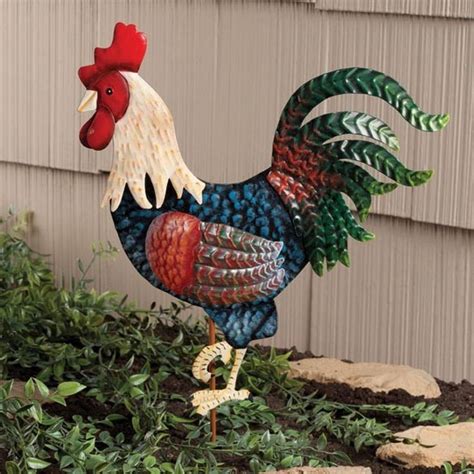 Colorful Metal Rooster Garden Stake Bird Lawn Yard Statue Sculpture