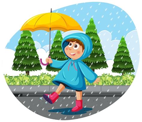 Premium Vector A Girl Wearing Raincoat Holding Umbrella In A Rain