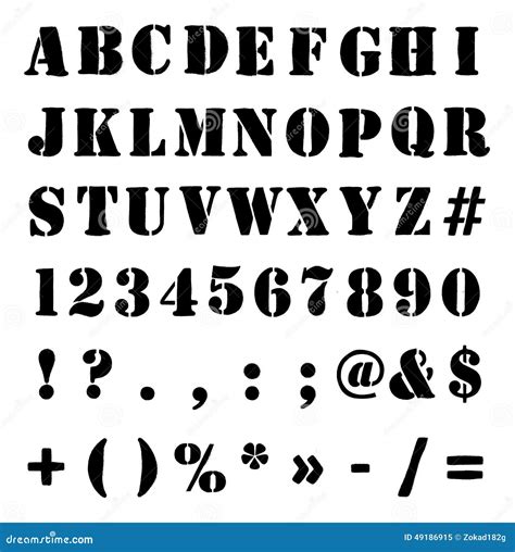 Army Or Crate Stencil Alphabet Numbers And Symbols Cartoon Vector