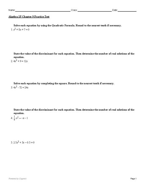 Algebra 1P Chapter 9 Practice Test: Quadratic Equations & Graphing