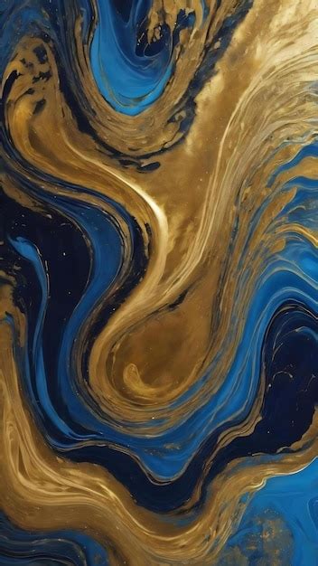 Premium Ai Image Swirling Golden And Blue Acrylic Fluid Art Dark Blue