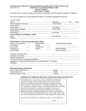 Fillable Online Harveyschool Camp Health History And Examination Form