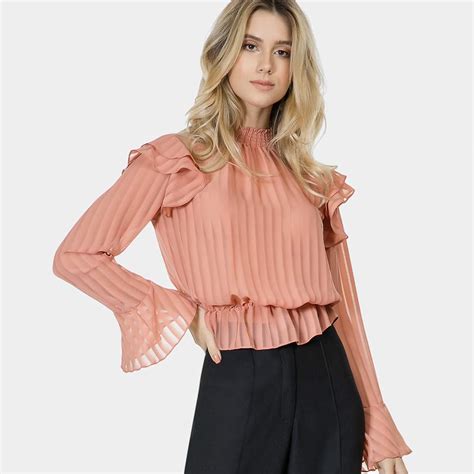 Blusa Manga Longa Babados Lez A Lez Cor Rose Pole Modas