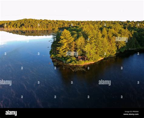 Aerial drone image of a Log cabin Lean-to shelter and campfire on a ...