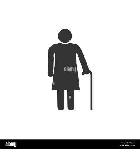 Old Woman With A Cane Grey On White Background Flat Design Vector