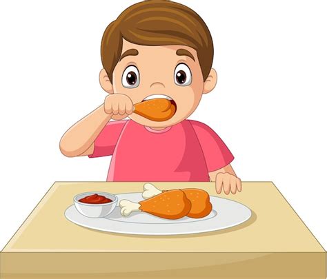 Premium Vector | Cartoon little boy eating fried chicken