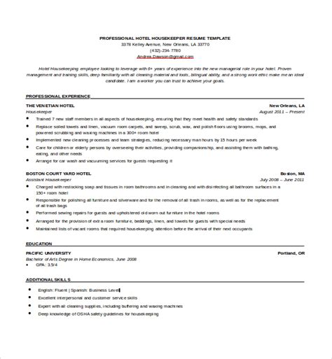 12 Sample Housekeeping Resumes Sample Templates