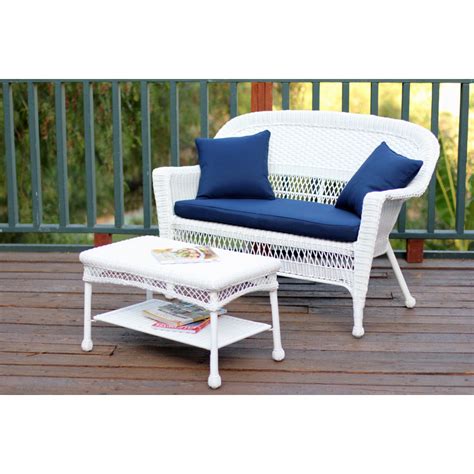 White Wicker Patio Love Seat And Coffee Table Set With Midnight Blue
