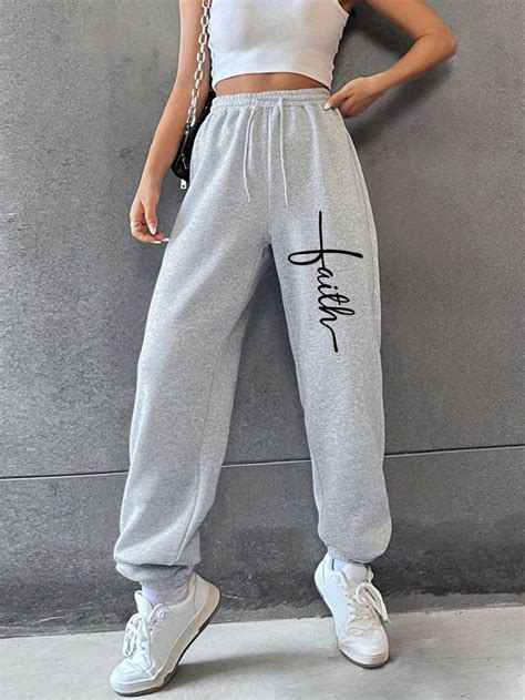 Letter Pattern Casual Sporty Pants Drawstring Elastic Waist Loose Fit