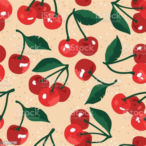 Vector Summer Pattern With Sweet Cherries And Leaves Seamless Texture