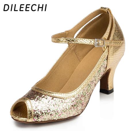 Dileechi Gold Glitter Paillette Women S Latin Dance Shoes Salsa Party Wedding Square Dance Shoes