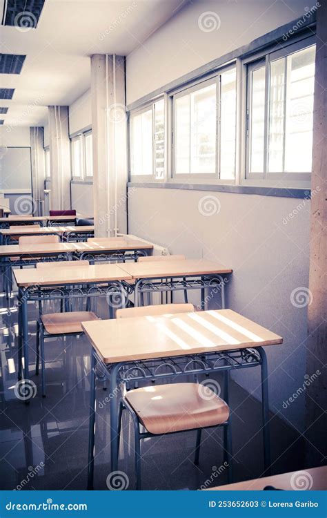 Empty School Classroom with Chairs and Desks Stock Image - Image of ...