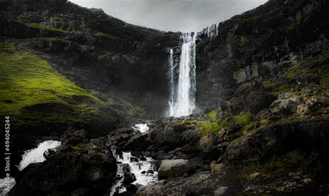 Stunning view of Fossa Waterfall on the eastern cost of Streymoy Island ...