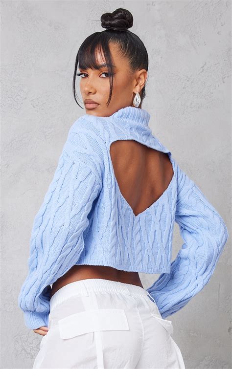 Cornflower Blue Cable Knit Open Back Roll Neck Sweatshirt