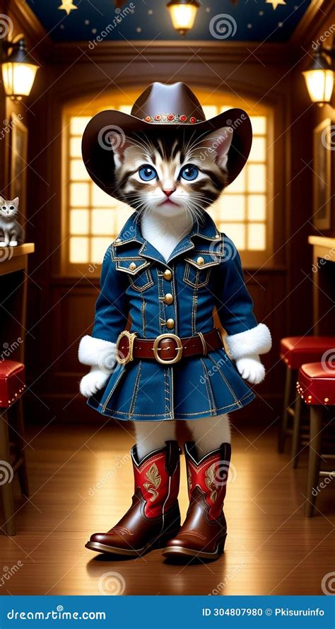 Cute Miniature Kitten Wearing Cowboy Boots and Hat Stock Illustration ...