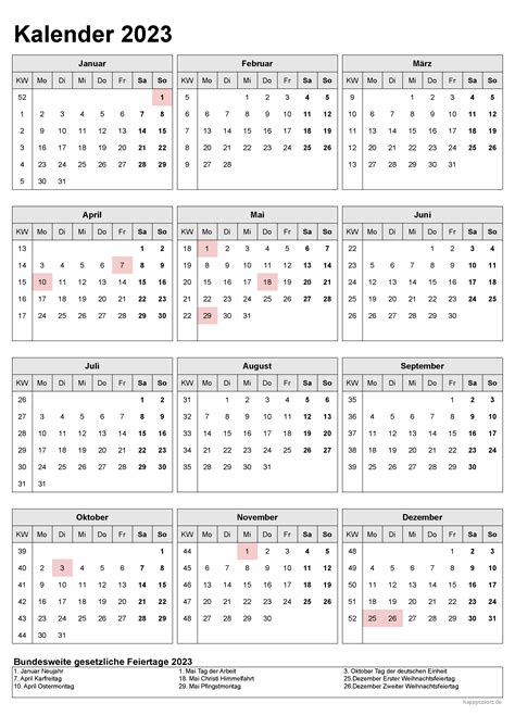 Kalender 2023 mit Kalenderwochen und Feiertagen (pdf, xls & png)