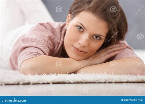 Attractive Woman Lying On Floor Stock Photo Image Of Carpet Good