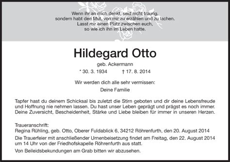 Traueranzeigen Von Hildegard Otto Trauer HNA De