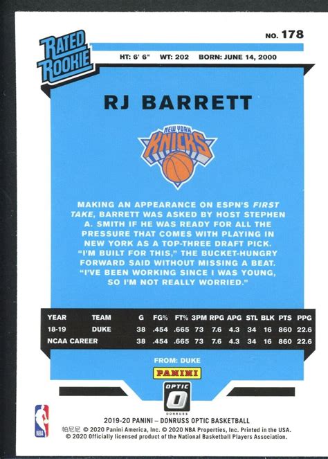 Panini Donruss Optic Basketball Rj Barrett Rated Rookie Rc