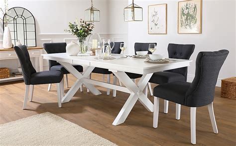 Grange Extending Dining Table And 8 Bewley Chairs White Wood Slate Grey Classic Linen Weave