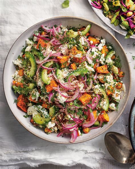 Sweet Potato Chickpea And Feta Salad With Tahini Dressing Delicious Magazine