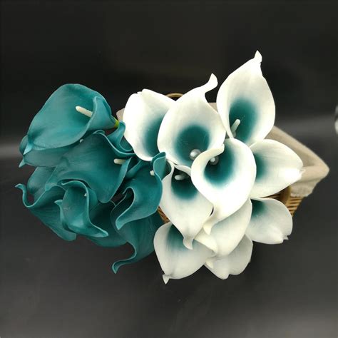 Teal Wedding Flowers Blue Calla Lilies 10 Stem Real Touch Lily Bouquet