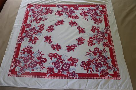 Vintage Red And White Cotton Tablecloth With Flowers Vintage Red And