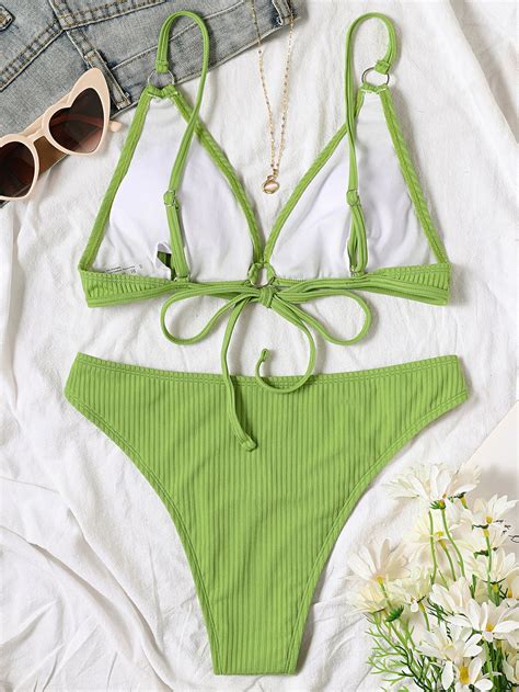 Shein Swim Vcay Ribbed Bikini Set Ring Linked Tie Back Bra High Cut