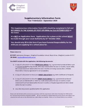 Fillable Online Supplementary Information Forms For New Year 7