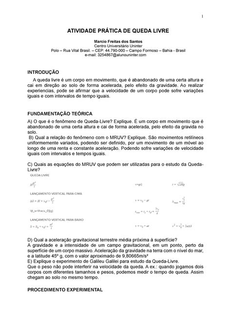 Atividade Pr Tica De Queda Livre Marcio Freitas Atividade Pr Tica De