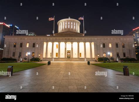 COLUMBUS, OH - JUNE 17, 2018: Facade of Ohio Capital building at night ...