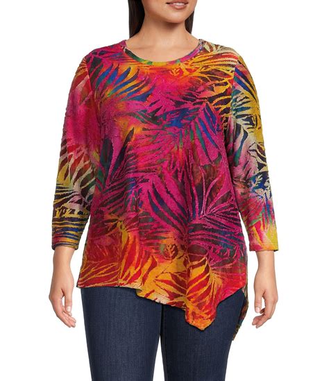 Calessa Plus Size Crew Neck Long Sleeve Asymmetric Hem Burnout Tie Dye