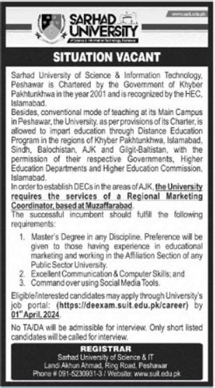 Latest Sarhad University Peshawar Job Notice Job