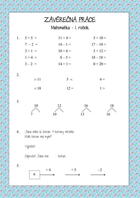 Závěrečná práce z matematiky 1 ročník worksheet Workbook School