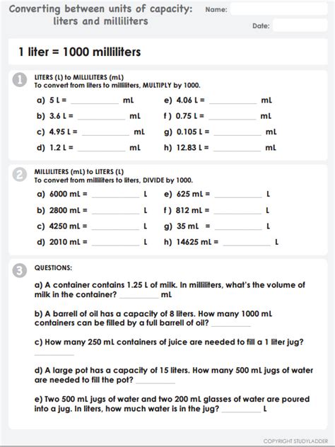 Liters And Milliliters Worksheets Grade