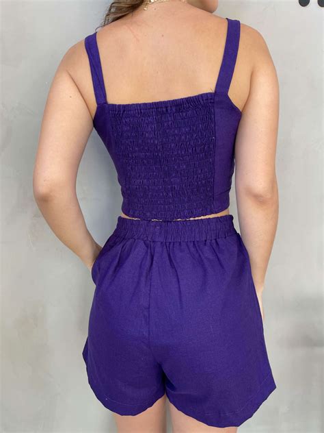 Conjunto Viscolinho Cropped Decote V Alcinha E Short Saia Cord O Roxo