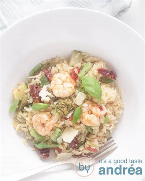 One Pan Zucchini Pesto Orzo With Parmesan And Shrimp By Andrea Janssen