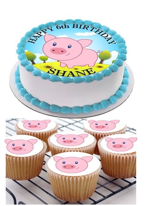 Cute Pig Icing Birthday Cake Topper & 8 Cupcake Toppers