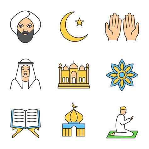 Islamic Culture Color Icons Set Muslim Man Ramadan Moon Islamic