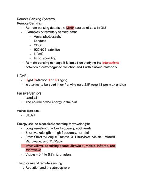 Gis Lecture 5 Notes Remote Sensing Systems Remote Sensing Remote