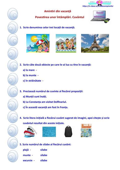 Amintiri din vacanță worksheet Interactive Worksheets School subjects