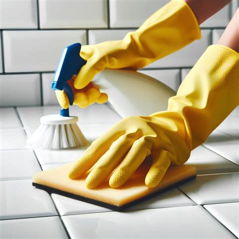 Premium Photo Woman Hand In Yellow Glove Is Cleaning Tiled White