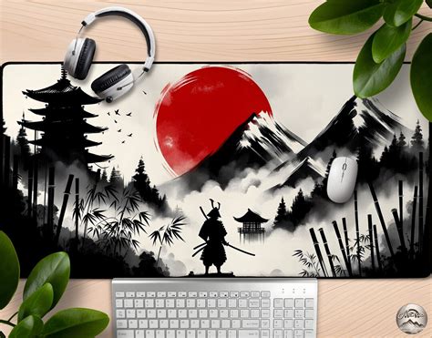 Cool Japanese Ink Washed Landscape Mousepad Samurai Desk Mat Of Misty