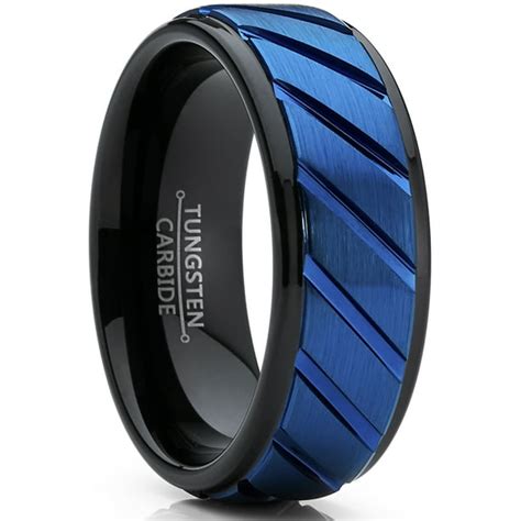 Ringwright Co Tungsten Carbide Black And Blue Wedding Band Engagement Ring With Grooved