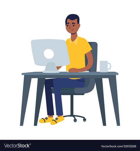 Man on desk with computer design Royalty Free Vector Image