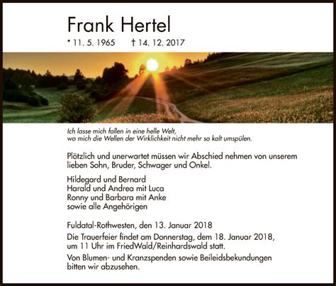 Traueranzeigen Von Frank Hertel Trauer Hna De